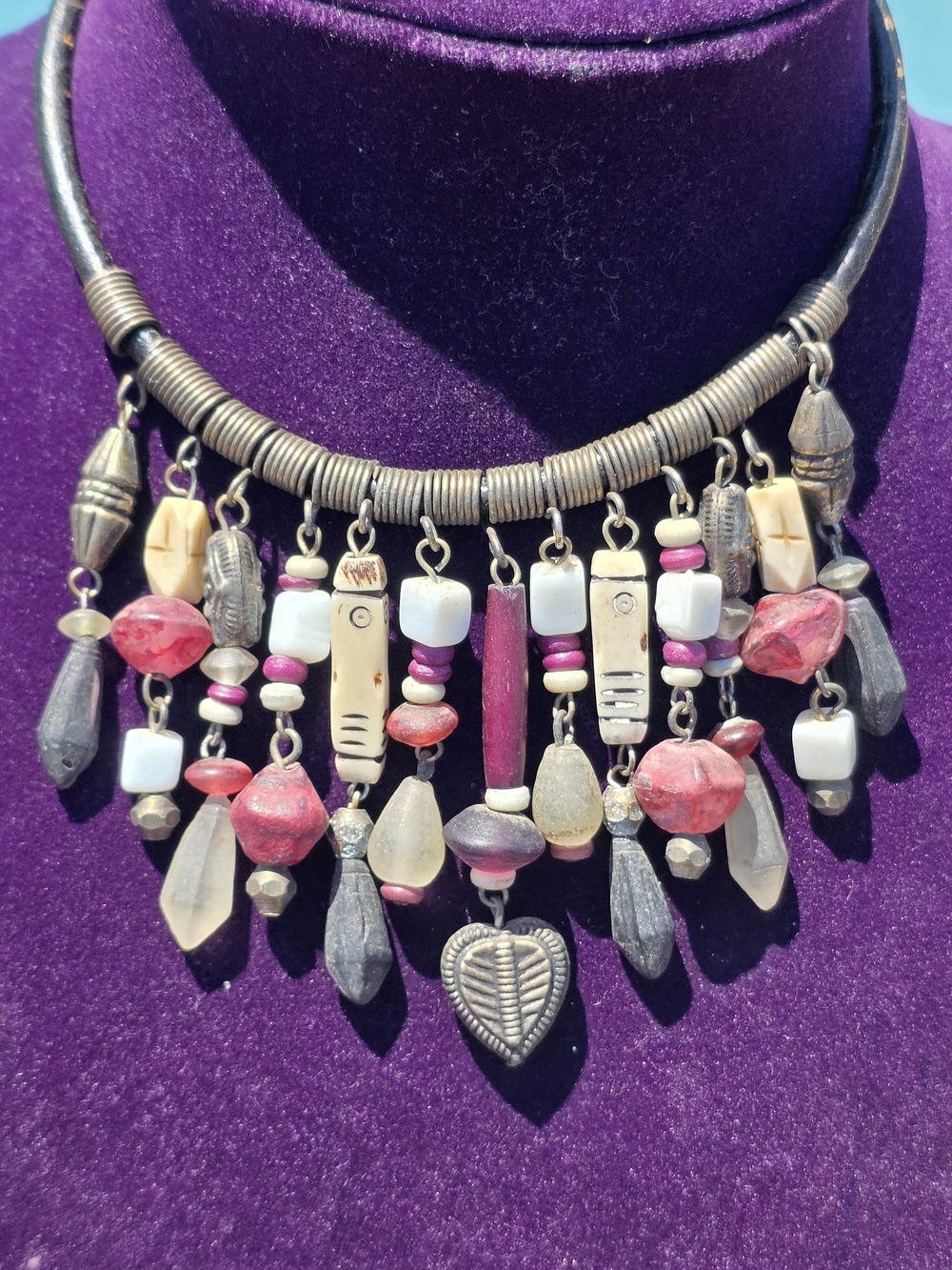 Boho Tribal Statement Choker Necklace | Artisan Mixed Media Beads & Antiqued Met